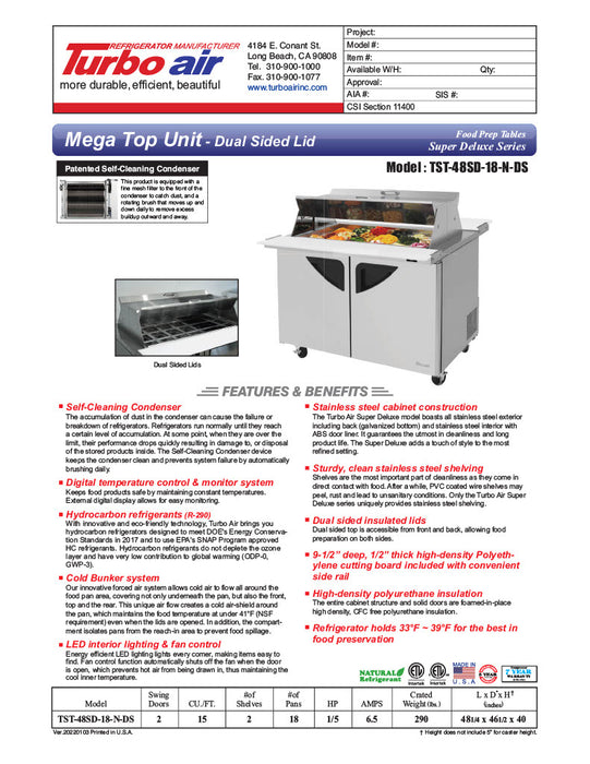 Turbo Air TST-48SD-18-N-DS 48" 2 Door Mega Top Dual Sided Refrigerated Sandwich Prep Table - Donut-Equipment.com