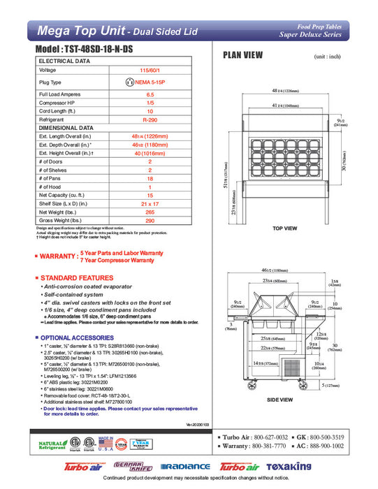 Turbo Air TST-48SD-18-N-DS 48" 2 Door Mega Top Dual Sided Refrigerated Sandwich Prep Table - Donut-Equipment.com