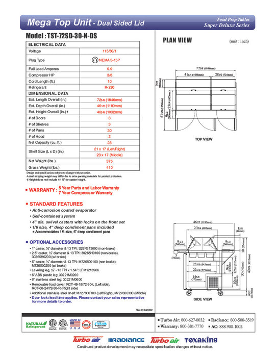 Turbo Air TST-72SD-30-N-DS 72" 3 Door Mega Top Dual Sided Refrigerated Sandwich Prep Table - Donut-Equipment.com