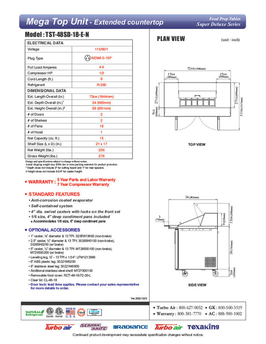 Turbo Air TST-48SD-18-E-N 72 5/8" Super Deluxe Mega Top Sandwich/Salad Prep Table w/ Refrigerated Base - Donut-Equipment.com