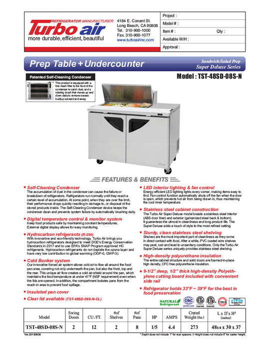 Turbo Air Super Deluxe TST-48SD-08S-N-LW 48" 2 Door Refrigerated Sandwich Prep Table with Left Work Station - Donut-Equipment.com