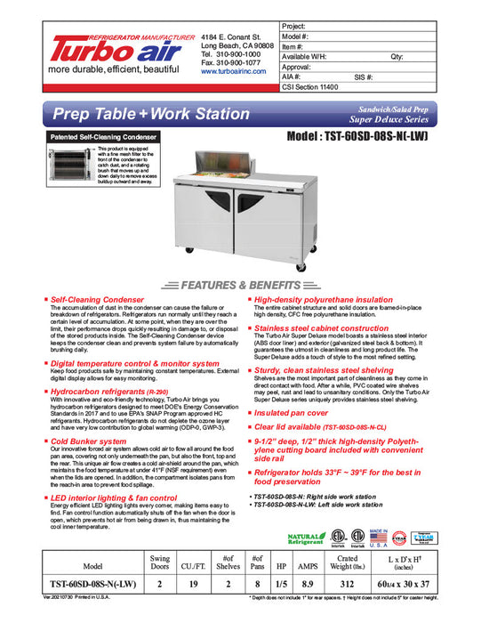 Turbo Air Super Deluxe TST-60SD-08S-N-LW 60" 2 Door Refrigerated Sandwich Prep Table with Left Work Station - Donut-Equipment.com