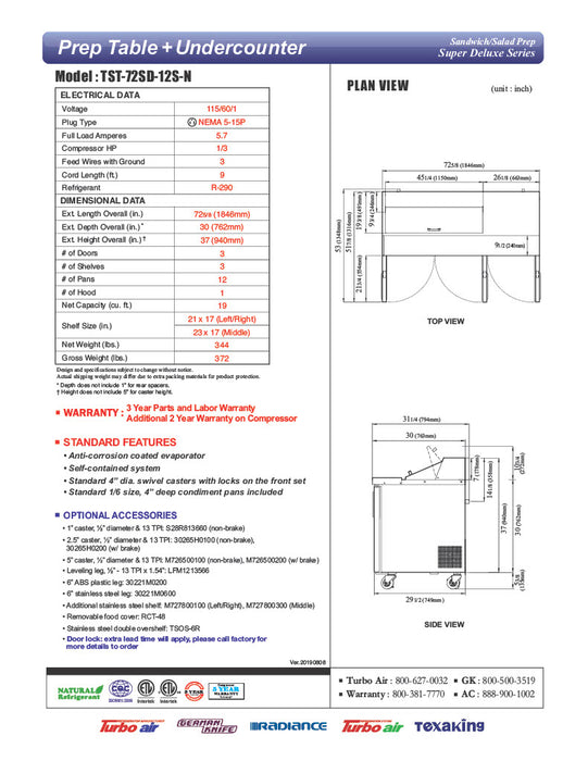Turbo Air Super Deluxe TST-72SD-12S-N-LW 72" 3 Door Refrigerated Sandwich Prep Table with Left Work Station - Donut-Equipment.com