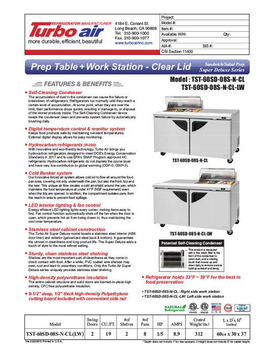 Turbo Air Super Deluxe TST-60SD-08S-N-CL 60" 2 Door Refrigerated Sandwich Prep Table with Clear Lid - Donut-Equipment.com