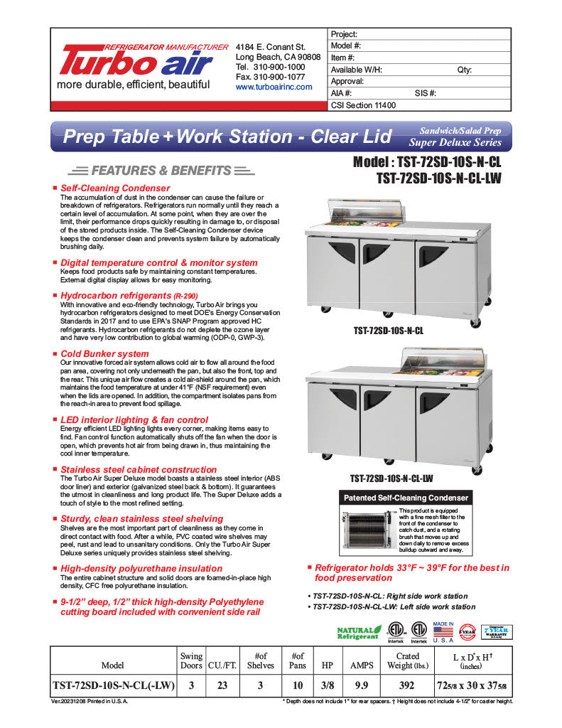 Turbo Air Super Deluxe TST-72SD-10S-N-CL 72" 3 Door Refrigerated Sandwich Prep Table with Clear Lid - Donut-Equipment.com