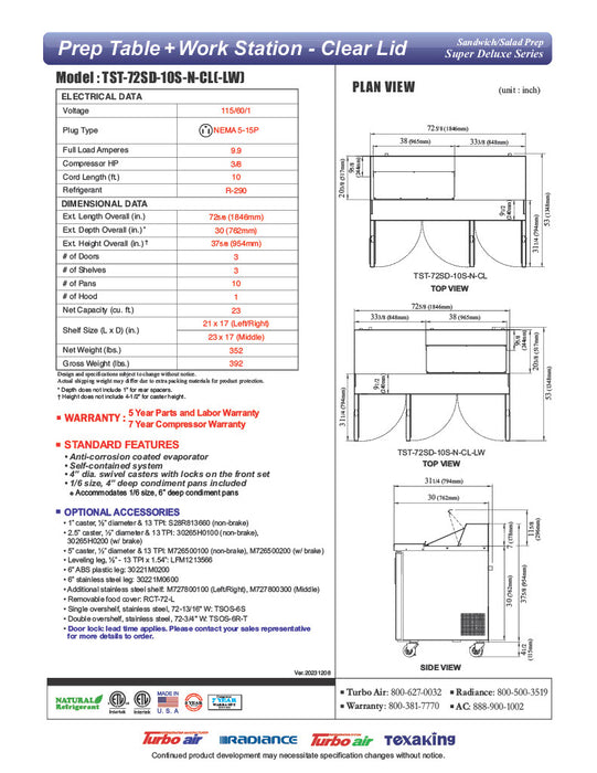 Turbo Air Super Deluxe TST-72SD-10S-N-CL 72" 3 Door Refrigerated Sandwich Prep Table with Clear Lid - Donut-Equipment.com