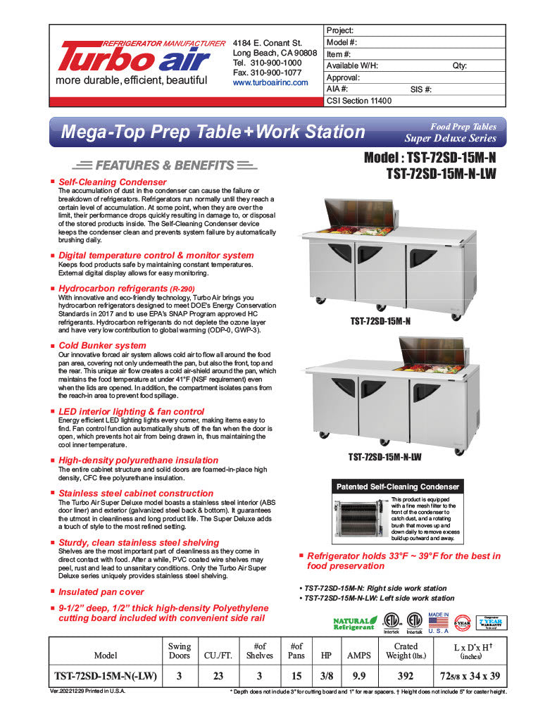 Turbo Air Super Deluxe TST-72SD-15M-N-LW 72" 3 Door Mega Top Refrigerated Sandwich Prep Table with Left Work Station - Donut-Equipment.com