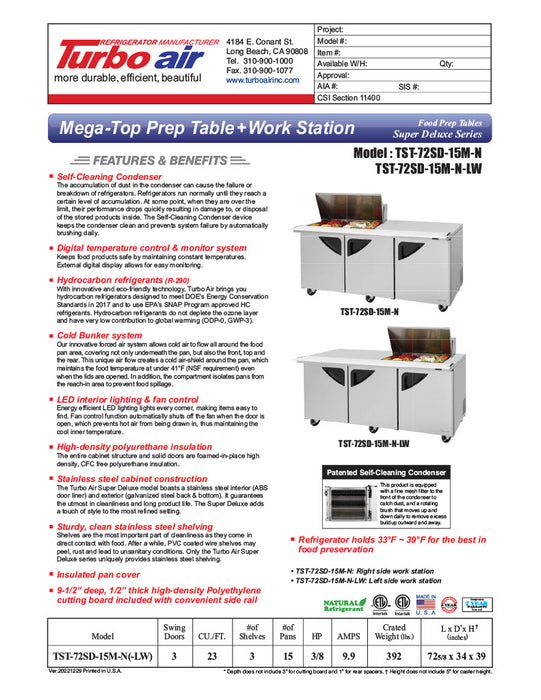Turbo Air Super Deluxe TST-72SD-15M-N-LW 72" 3 Door Mega Top Refrigerated Sandwich Prep Table with Left Work Station - Donut-Equipment.com