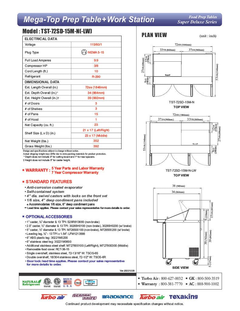 Turbo Air Super Deluxe TST-72SD-15M-N-LW 72" 3 Door Mega Top Refrigerated Sandwich Prep Table with Left Work Station - Donut-Equipment.com