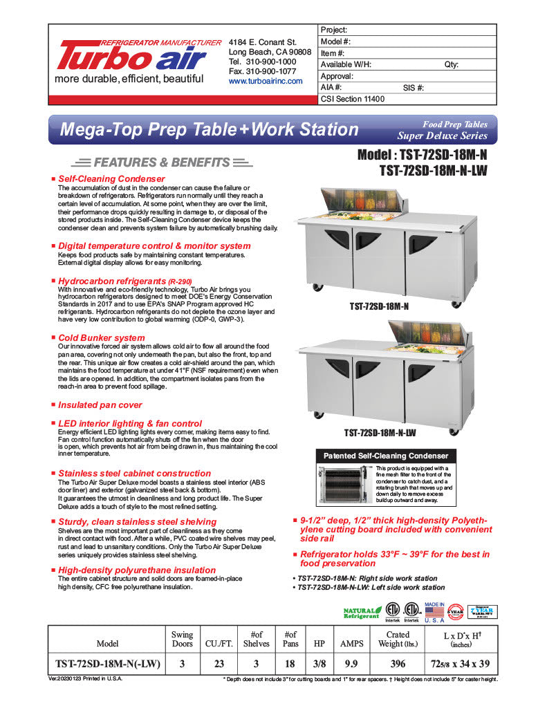 Turbo Air Super Deluxe TST-72SD-18M-N-LW 72" 3 Door Mega Top Refrigerated Sandwich Prep Table with Left Work Station - Donut-Equipment.com