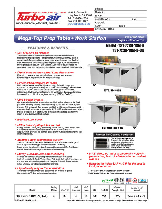 Turbo Air Super Deluxe TST-72SD-18M-N-LW 72" 3 Door Mega Top Refrigerated Sandwich Prep Table with Left Work Station - Donut-Equipment.com