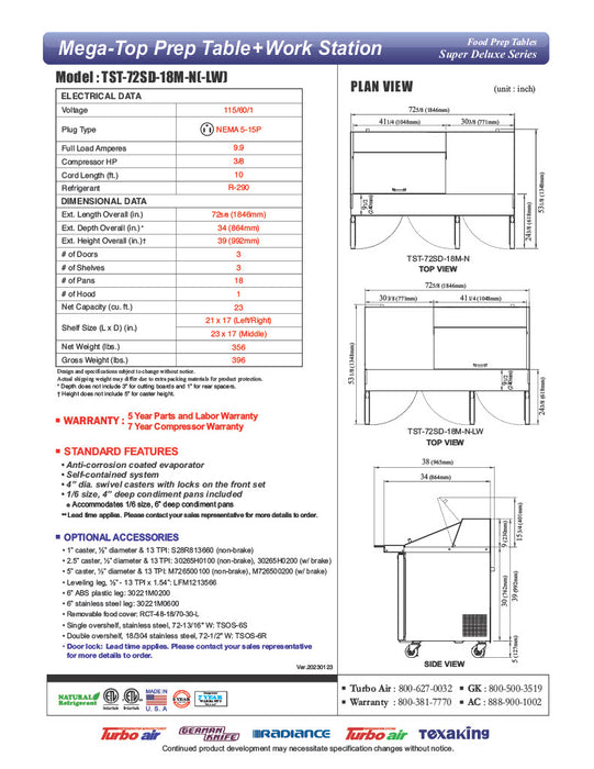 Turbo Air Super Deluxe TST-72SD-18M-N-LW 72" 3 Door Mega Top Refrigerated Sandwich Prep Table with Left Work Station - Donut-Equipment.com