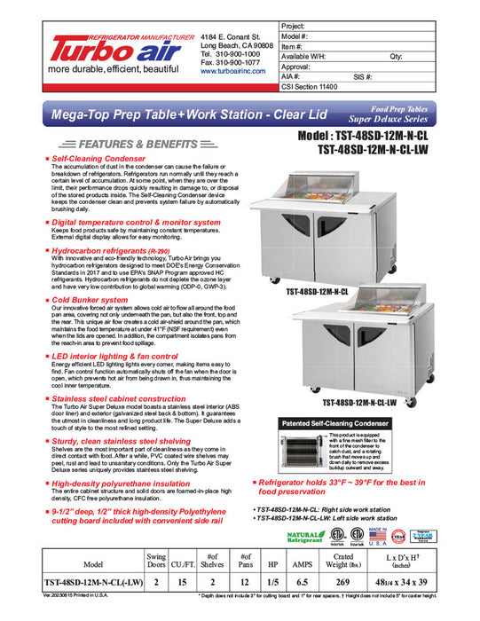 Turbo Air Super Deluxe TST-48SD-12M-N-CL 48" 2 Door Mega Top Refrigerated Sandwich Prep Table with Clear Lid - Donut-Equipment.com