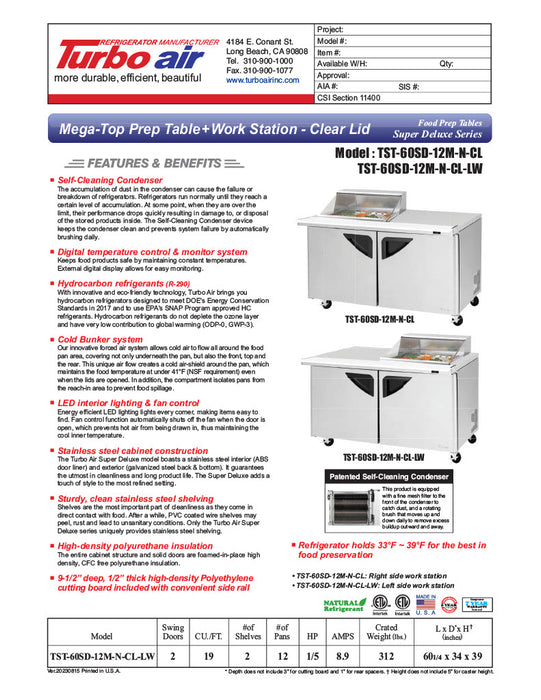 Turbo Air Super Deluxe TST-60SD-12M-N-CL 60" 2 Door Mega Top Refrigerated Sandwich Prep Table with Clear Lid - Donut-Equipment.com