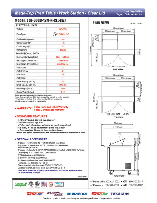Turbo Air Super Deluxe TST-60SD-12M-N-CL 60" 2 Door Mega Top Refrigerated Sandwich Prep Table with Clear Lid - Donut-Equipment.com
