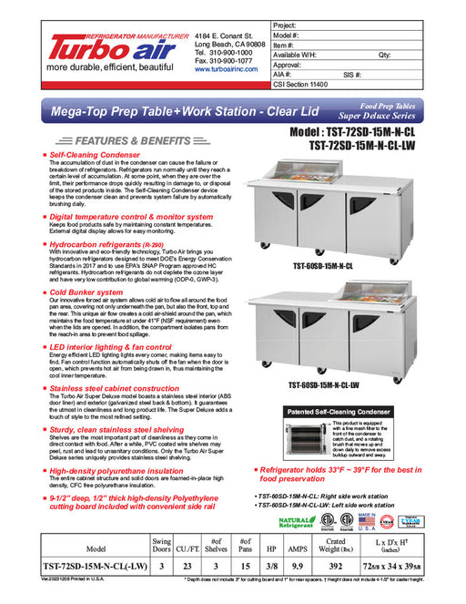 Turbo Air Super Deluxe TST-72SD-15M-N-CL 72" 3 Door Mega Top Refrigerated Sandwich Prep Table with Clear Lid - Donut-Equipment.com