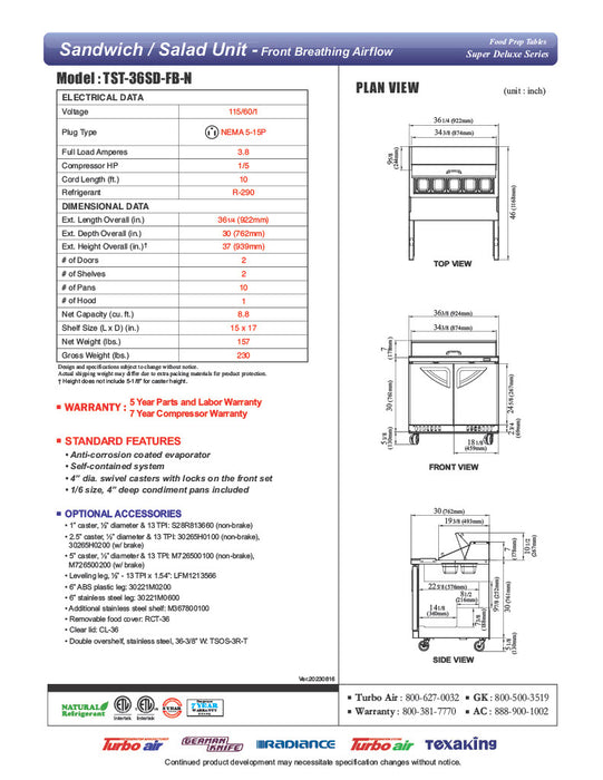 Turbo Air TST-36SD-FB-N 27 1/2" Super Deluxe Sandwich/Salad Prep Table - Donut-Equipment.com