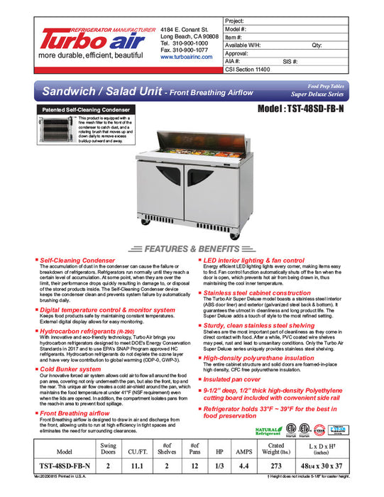 Turbo Air TST-48SD-FB-N 48.25'' Super Deluxe Sandwich/Salad Prep Table - Donut-Equipment.com