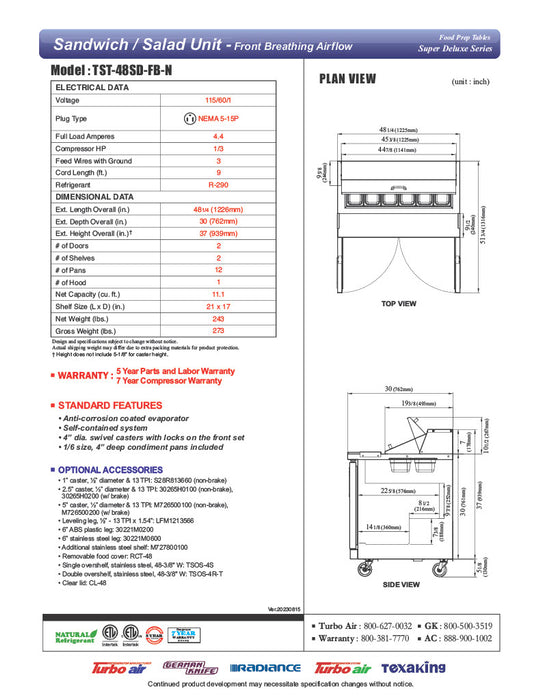Turbo Air TST-48SD-FB-N 48.25'' Super Deluxe Sandwich/Salad Prep Table - Donut-Equipment.com