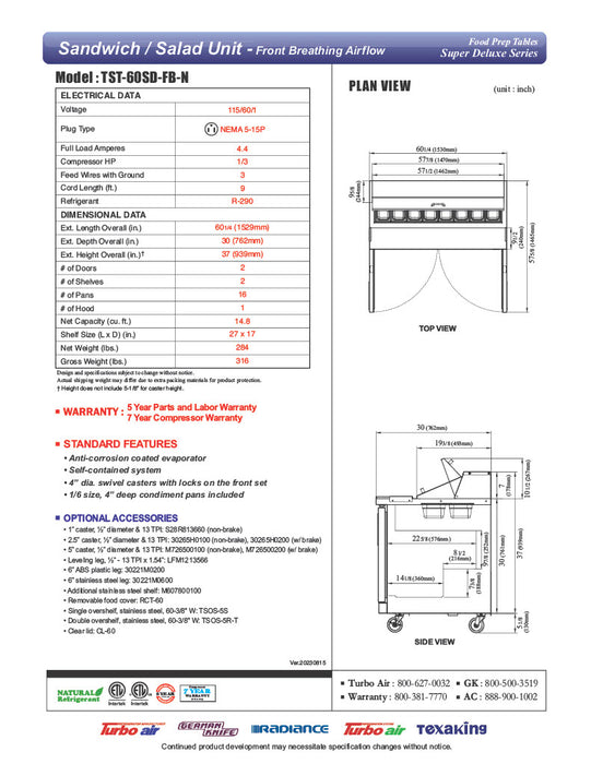 Turbo Air TST-60SD-FB-N 60 1/4" Super Deluxe Sandwich/Salad Prep Table - Donut-Equipment.com
