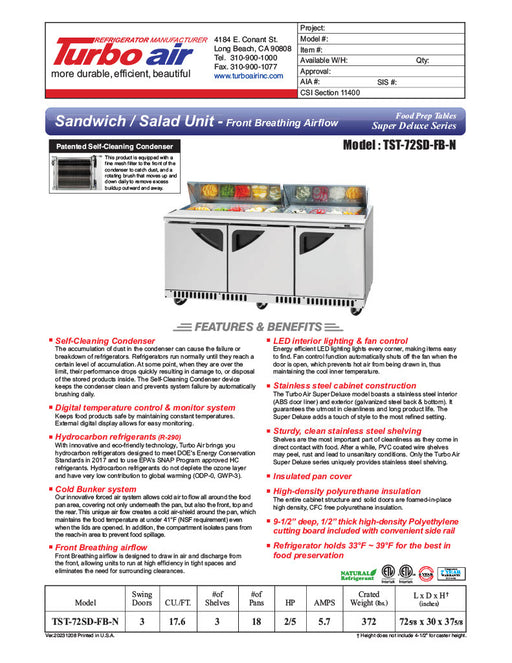 Turbo Air TST-72SD-FB-N 72 5/8" Super Deluxe Sandwich/Salad Prep Table - Donut-Equipment.com