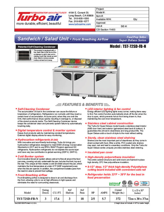 Turbo Air TST-72SD-FB-N 72 5/8" Super Deluxe Sandwich/Salad Prep Table - Donut-Equipment.com