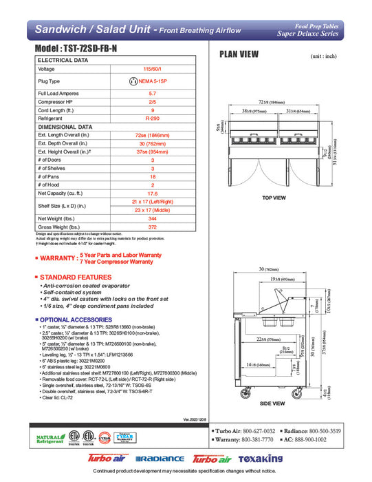 Turbo Air TST-72SD-FB-N 72 5/8" Super Deluxe Sandwich/Salad Prep Table - Donut-Equipment.com