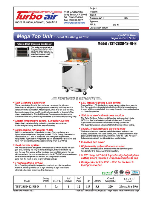 Turbo Air TST-28SD-12-FB-N 27 1/2" Super Deluxe Mega Top Sandwich/Salad Prep Table - Donut-Equipment.com