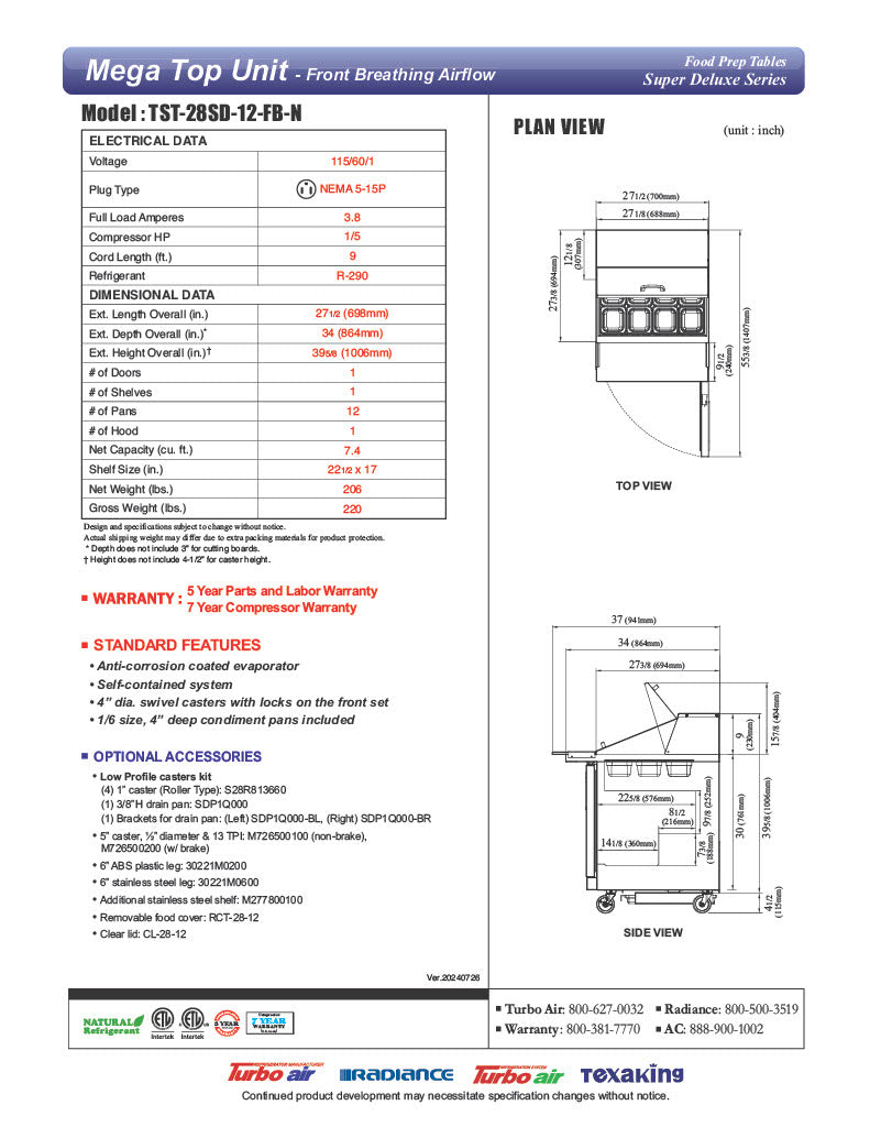 Turbo Air TST-28SD-12-FB-N 27 1/2" Super Deluxe Mega Top Sandwich/Salad Prep Table - Donut-Equipment.com