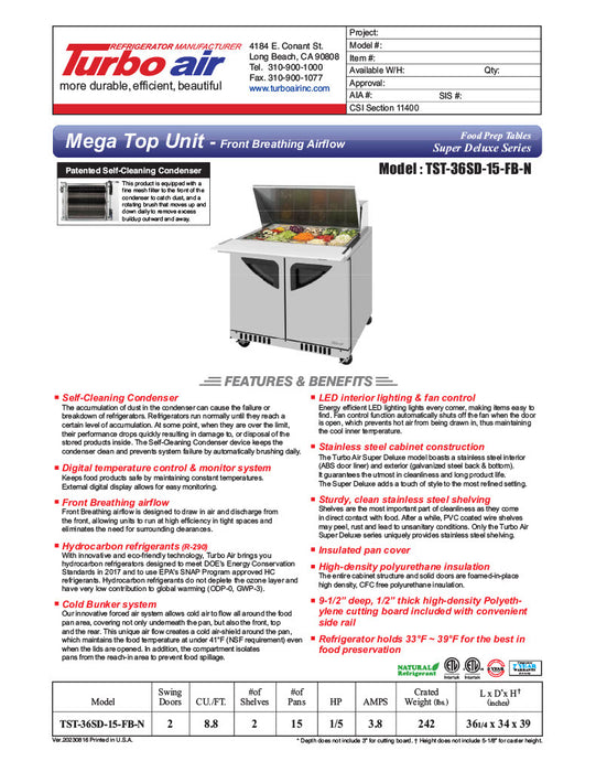 Turbo Air TST-36SD-15-FB-N 36-1/4"  Super Deluxe Mega Top Sandwich/Salad Prep Table - Donut-Equipment.com