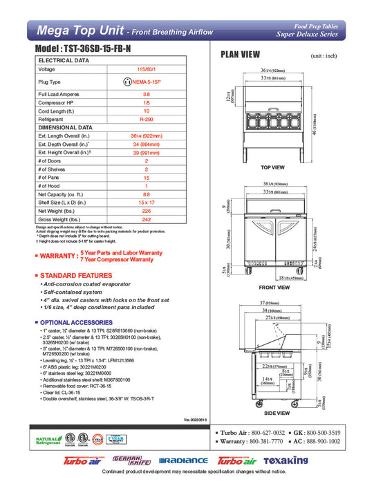 Turbo Air TST-36SD-15-FB-N 36-1/4"  Super Deluxe Mega Top Sandwich/Salad Prep Table - Donut-Equipment.com