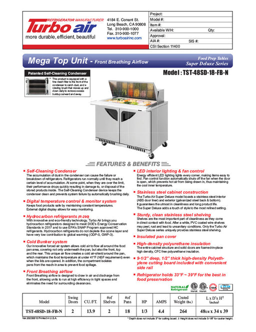 Turbo Air TST-48SD-18-FB-N 48 1/4" Super Deluxe Mega Top Sandwich/Salad Prep Table - Donut-Equipment.com