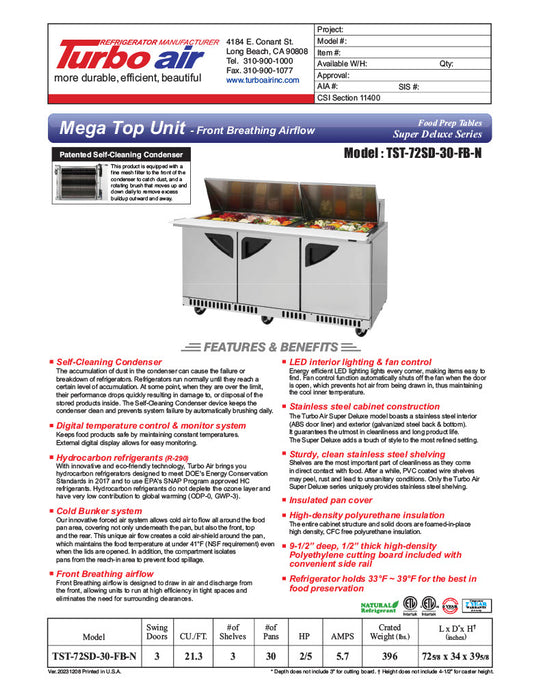 Turbo Air TST-72SD-30-FB-N 72 5/8" Super Deluxe Mega Top Sandwich/Salad Prep Table - Donut-Equipment.com