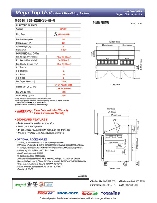 Turbo Air TST-72SD-30-FB-N 72 5/8" Super Deluxe Mega Top Sandwich/Salad Prep Table - Donut-Equipment.com