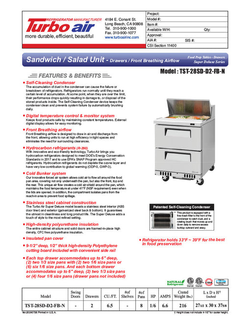 Turbo Air TST-28SD-D2-FB-N 27.50'' Refrigerated Sandwich / Salad Prep Table - Donut-Equipment.com