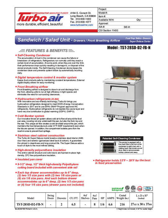 Turbo Air TST-28SD-D2-FB-N 27.50'' Refrigerated Sandwich / Salad Prep Table - Donut-Equipment.com