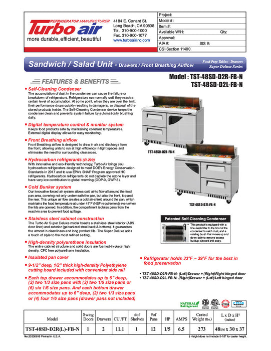 Turbo Air TST-48SD-D2R(L)-FB-N 48 1/4" Super Deluxe Mega Top Sandwich/Salad Prep Table - Donut-Equipment.com