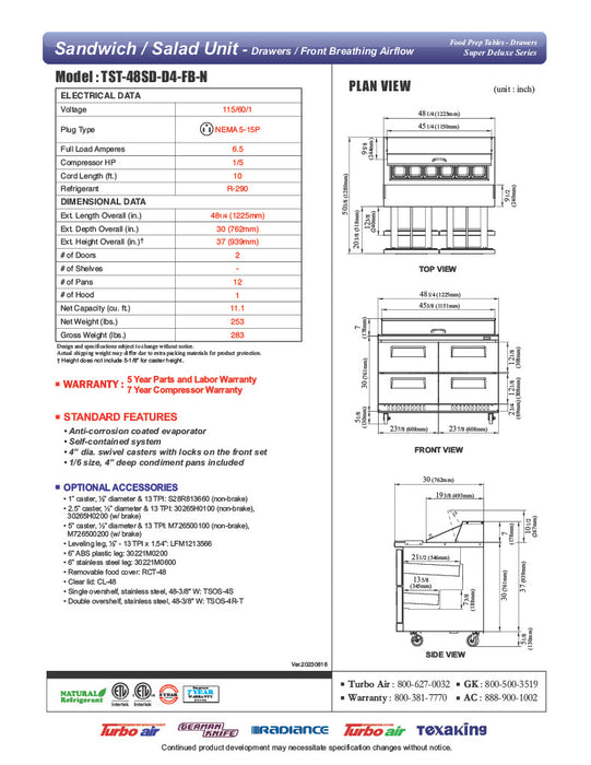 Turbo Air TST-48SD-D4-FB-N 48 1/4" Super Deluxe Mega Top Sandwich/Salad Prep Table - Donut-Equipment.com