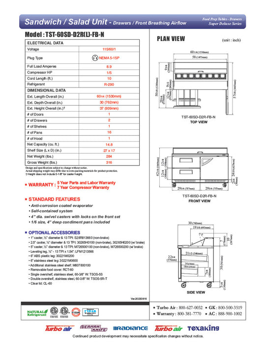Turbo Air TST-60SD-D2R(L)-FB-N Super Deluxe 60" Sandwich/Salad Prep Table with Drawers and Hinged Door - Donut-Equipment.com