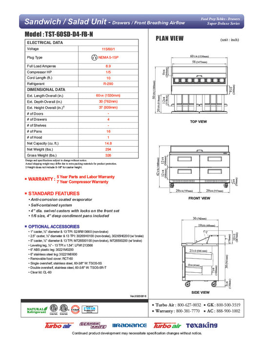 Turbo Air TST-60SD-24-D4-FB-N 60" 24 Pan Four Drawer Mega Top Sandwich/Salad Prep Table - Donut-Equipment.com