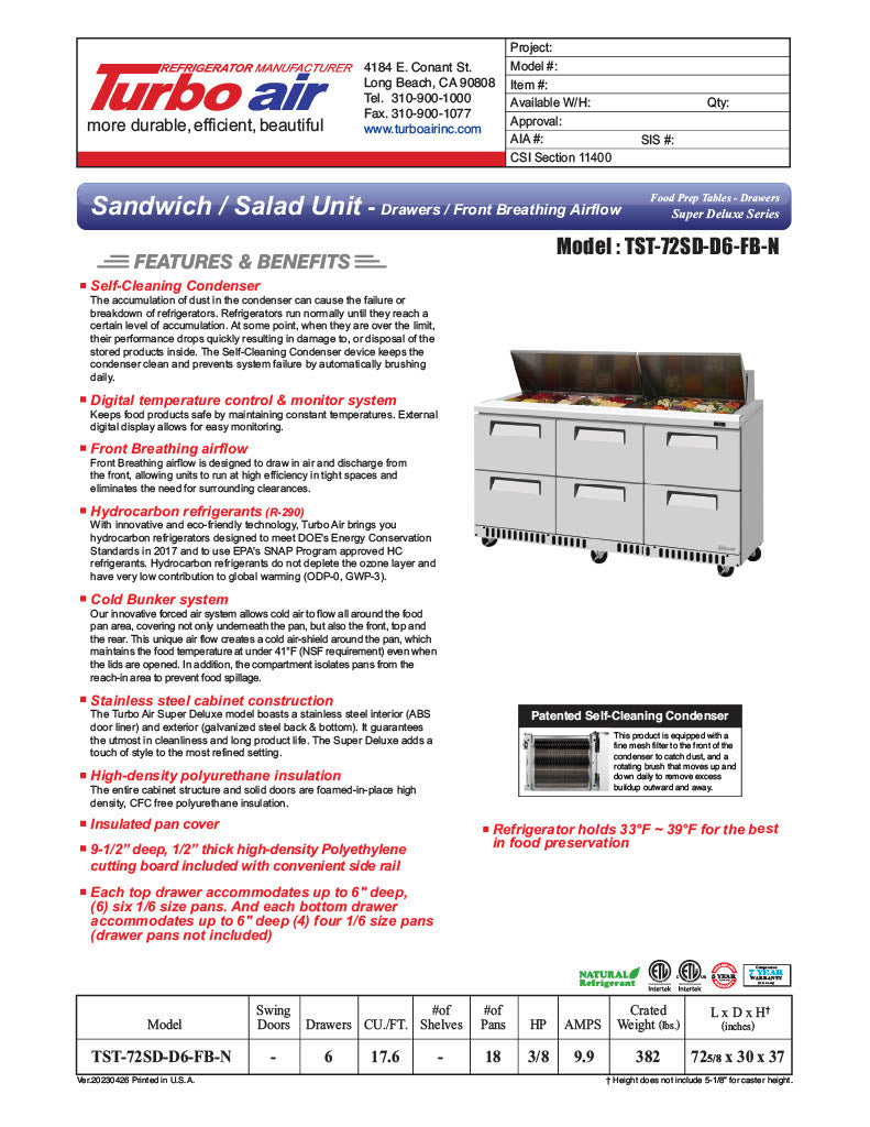 Turbo Air TST-72SD-D6-FB-N Super Deluxe 72" Sandwich/Salad Prep Table with Six Drawers - Donut-Equipment.com