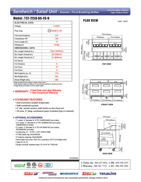 Turbo Air TST-72SD-D6-FB-N Super Deluxe 72" Sandwich/Salad Prep Table with Six Drawers - Donut-Equipment.com