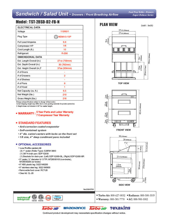 Turbo Air TST-28SD-D2-FB-N Super Deluxe 28" Sandwich/Salad Prep Table with Two Drawers - Donut-Equipment.com