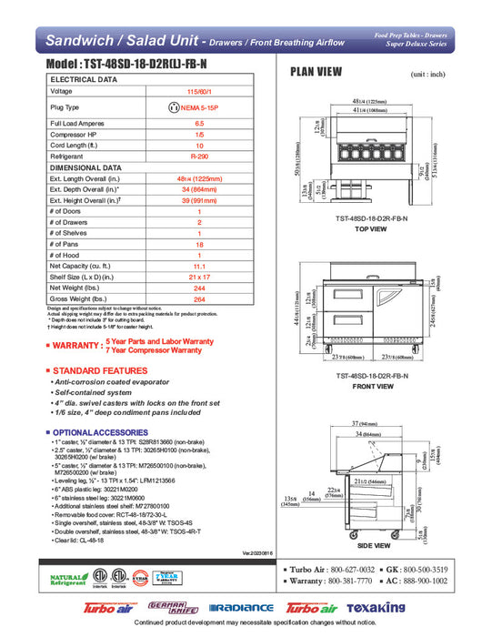 Turbo Air TST-48SD-18-D2R(L)-FB-N 48" Mega Top Sandwich Prep Table w/ 2 Drawers & 1 Door - Donut-Equipment.com