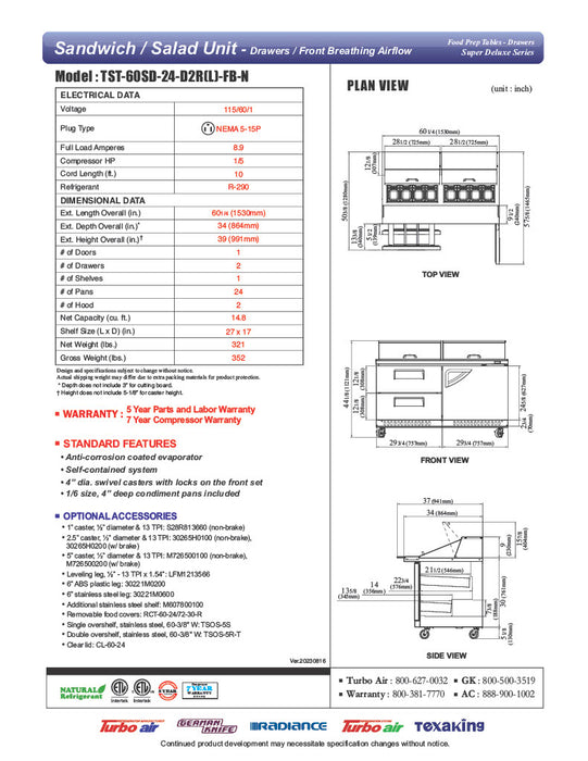Turbo Air TST-60SD-24-D2R(L)-FB-N 60" Mega Top Sandwich Prep Table w/ 2 Drawers & 1 Door - Donut-Equipment.com