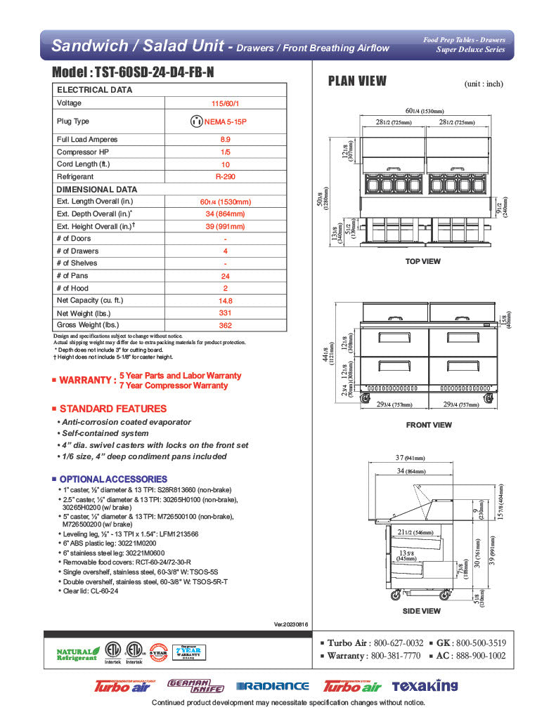 Turbo Air TST-60SD-24-D4-N 60 1/4" Super Deluxe Mega Top Sandwich/Salad Prep Table - Donut-Equipment.com