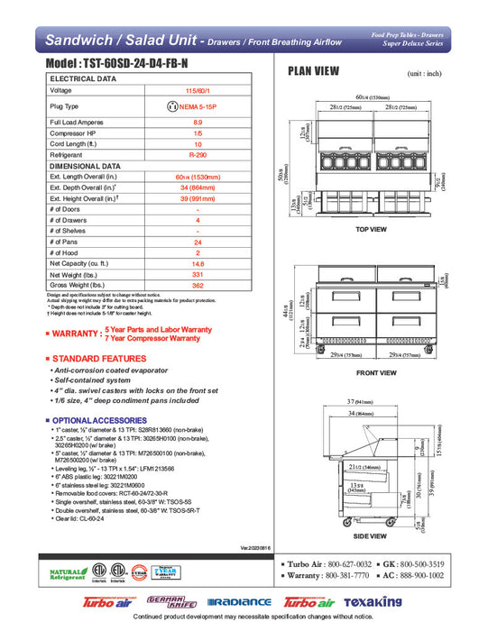 Turbo Air TST-60SD-24-D4-N 60 1/4" Super Deluxe Mega Top Sandwich/Salad Prep Table - Donut-Equipment.com