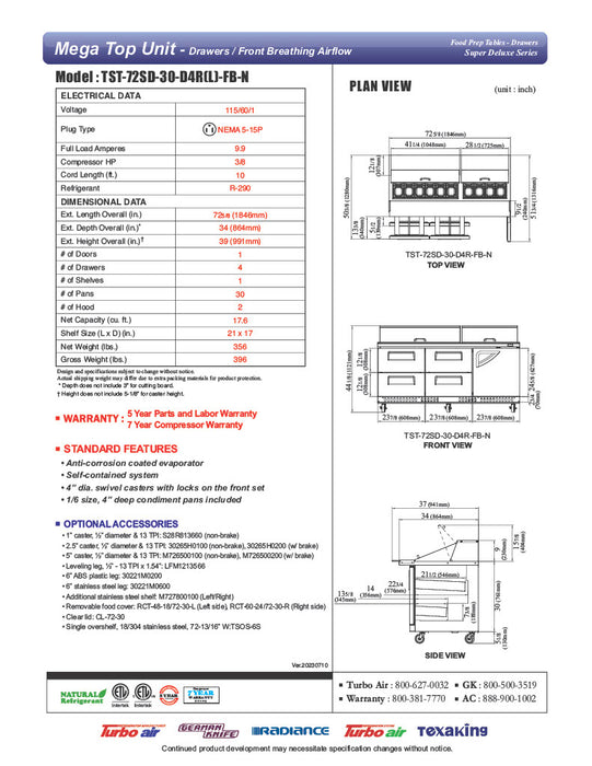 Turbo Air TST-72SD-30-D4R(L)-FB-N Super Deluxe 72" Mega Top Sandwich/Salad Prep Table with Door & Drawers - Donut-Equipment.com