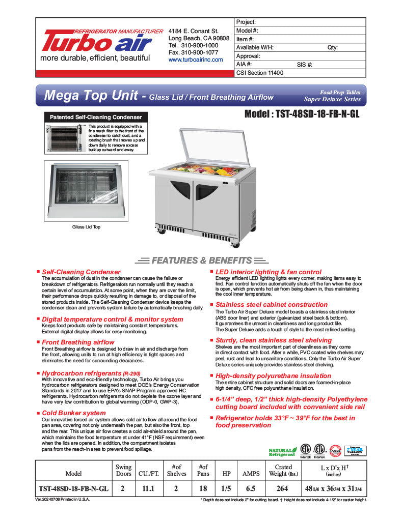 Turbo Air TST-48SD-18-FB-N-GL Super Deluxe 48" Mega Top Sandwich/Salad Prep Table with Glass Lid - Donut-Equipment.com