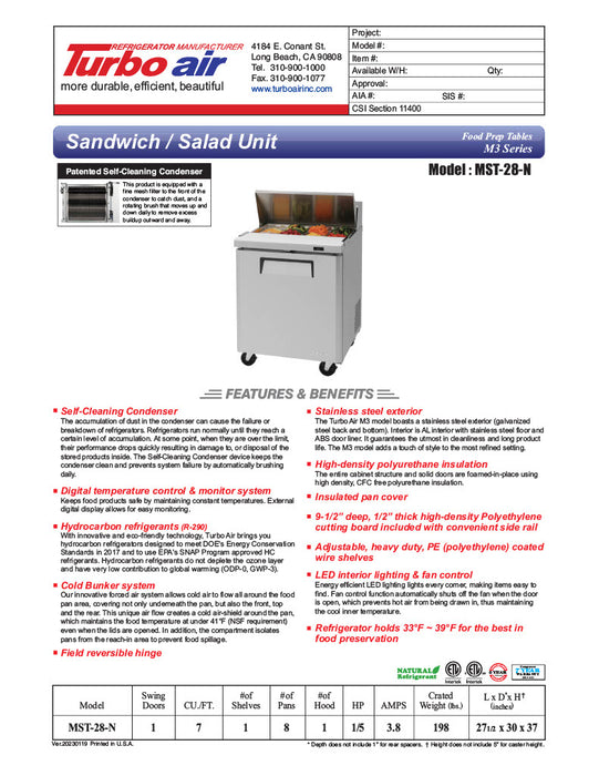 Turbo Air MST-28-N M3 Series 28" 1 Door Stainless Steel Refrigerated Sandwich Prep Table - Donut-Equipment.com